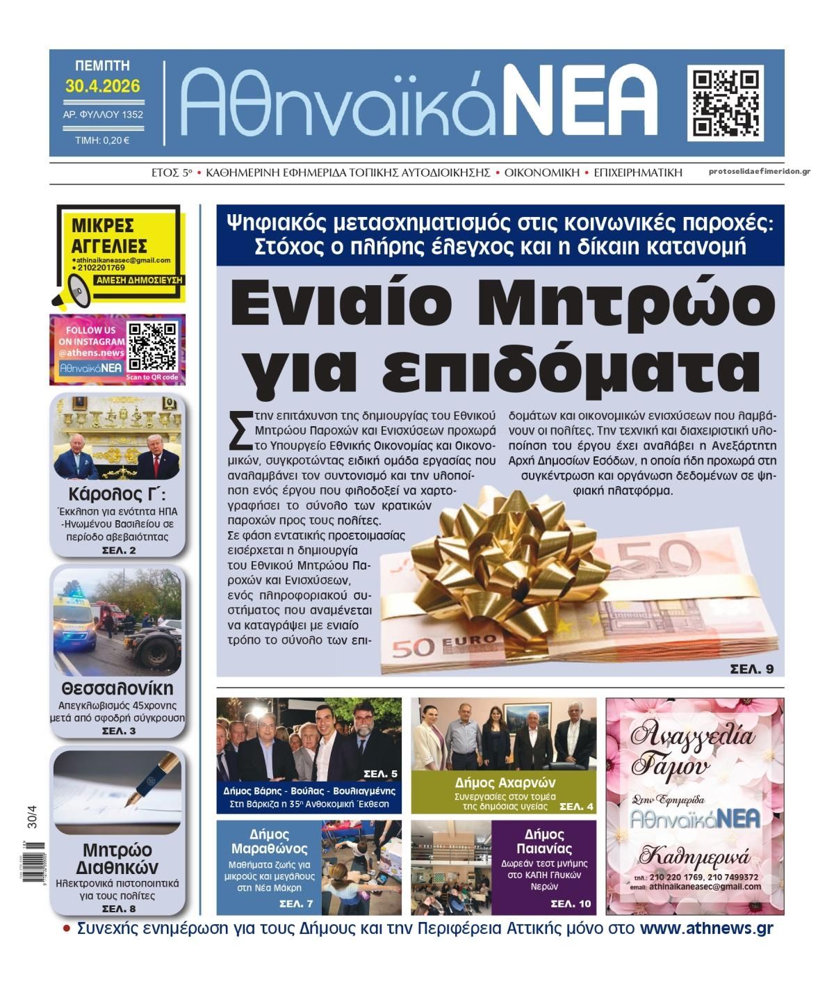 Πρωτοσέλιδο εφημερίδας Αθηναϊκά Νέα