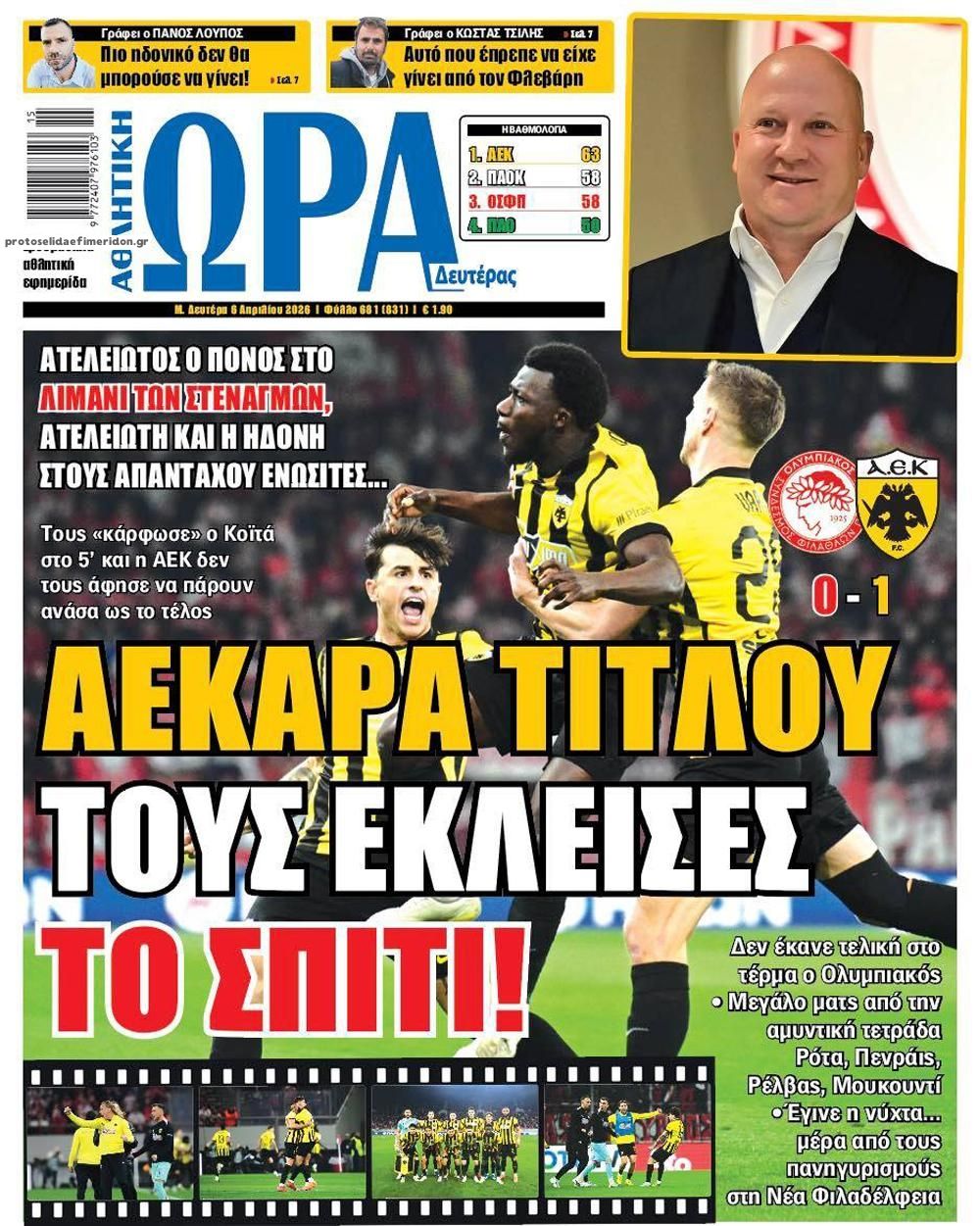 Πρωτοσέλιδο εφημερίδας Η ώρα των Σπορ