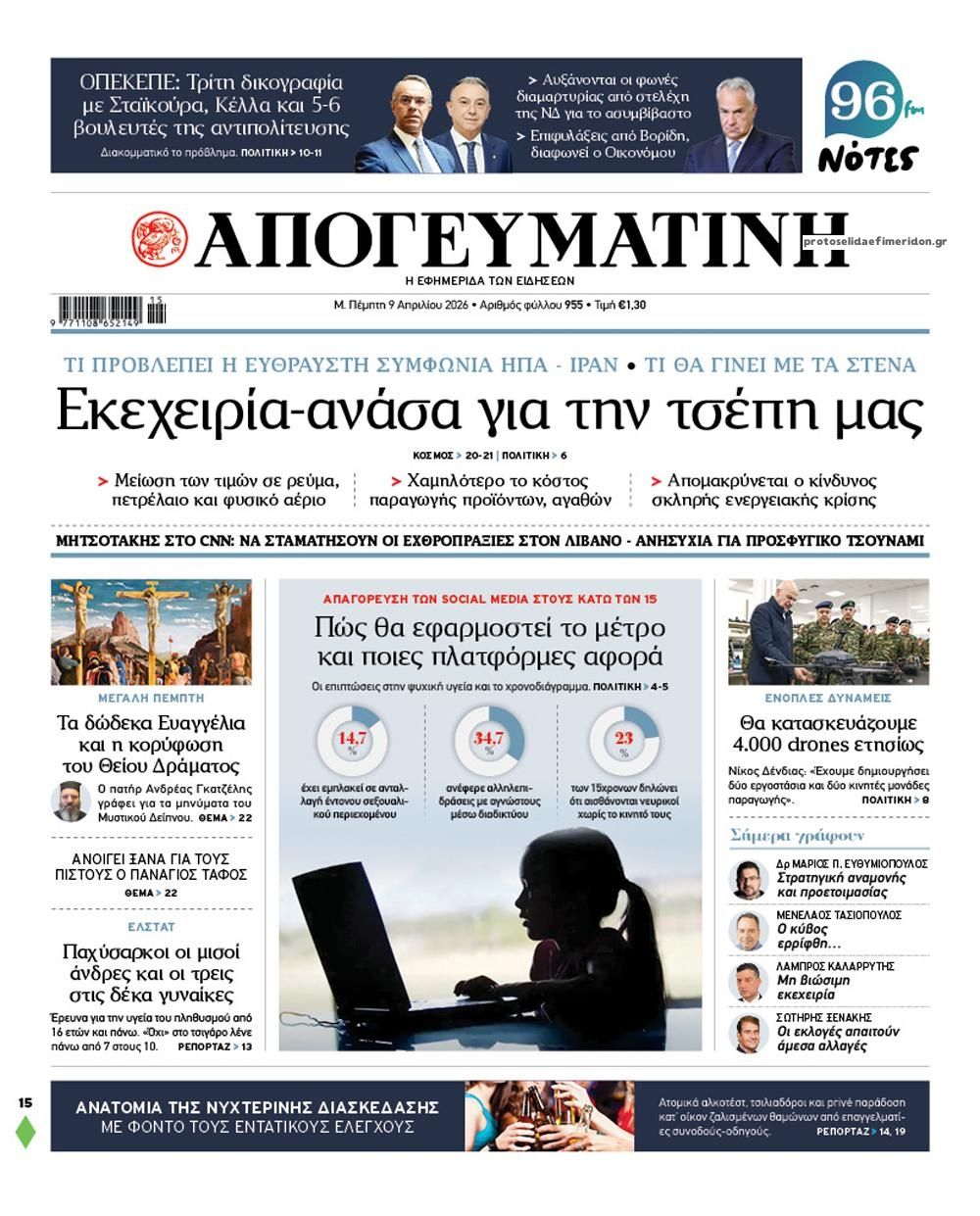 Πρωτοσέλιδο εφημερίδας Απογευματινή