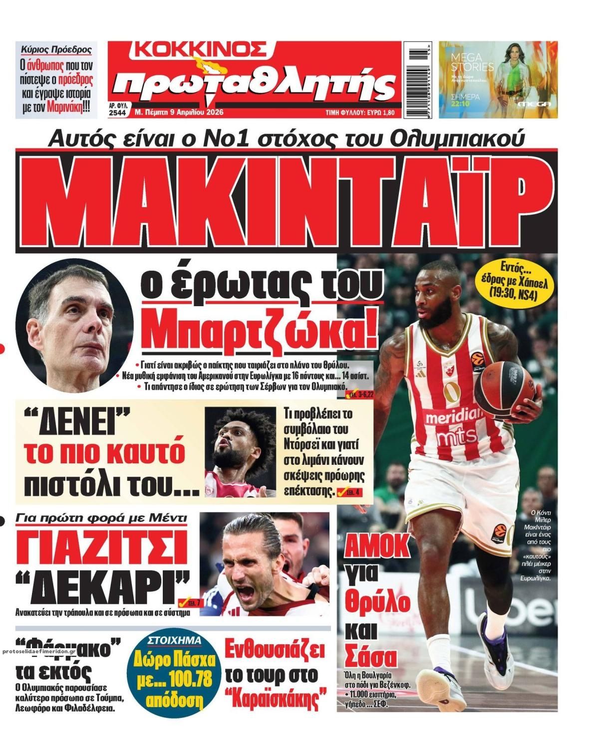 Πρωτοσέλιδο εφημερίδας Κόκκινος Πρωταθλητής