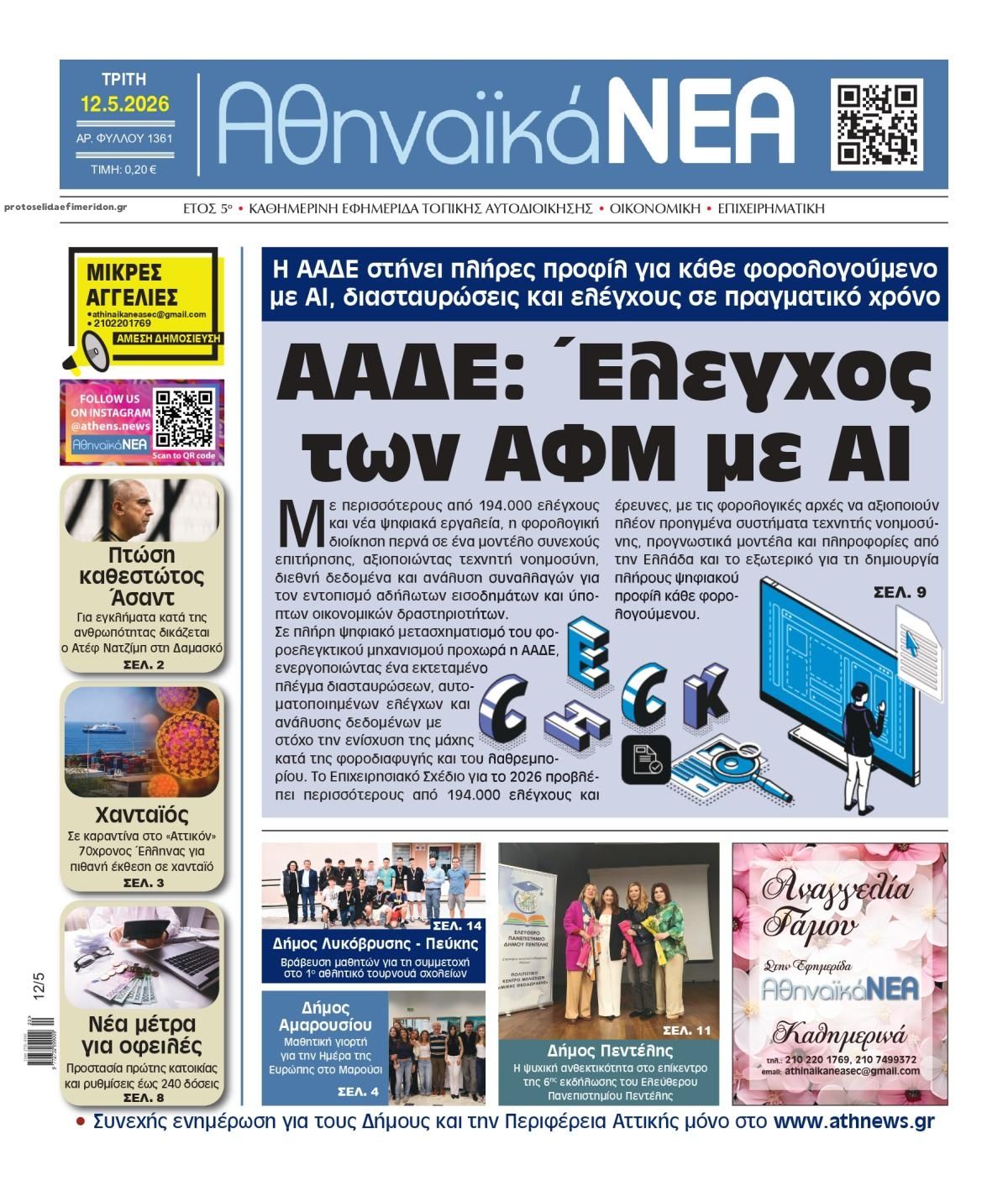 Πρωτοσέλιδο εφημερίδας Αθηναϊκά Νέα