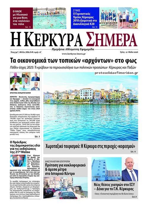 Πρωτοσέλιδο εφημερίδας Η Κέρκυρα Σήμερα