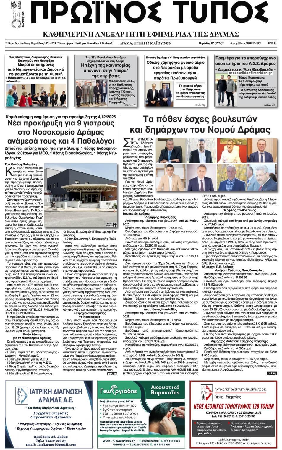 Πρωτοσέλιδο εφημερίδας Πρωινός Τύπος Δρ.