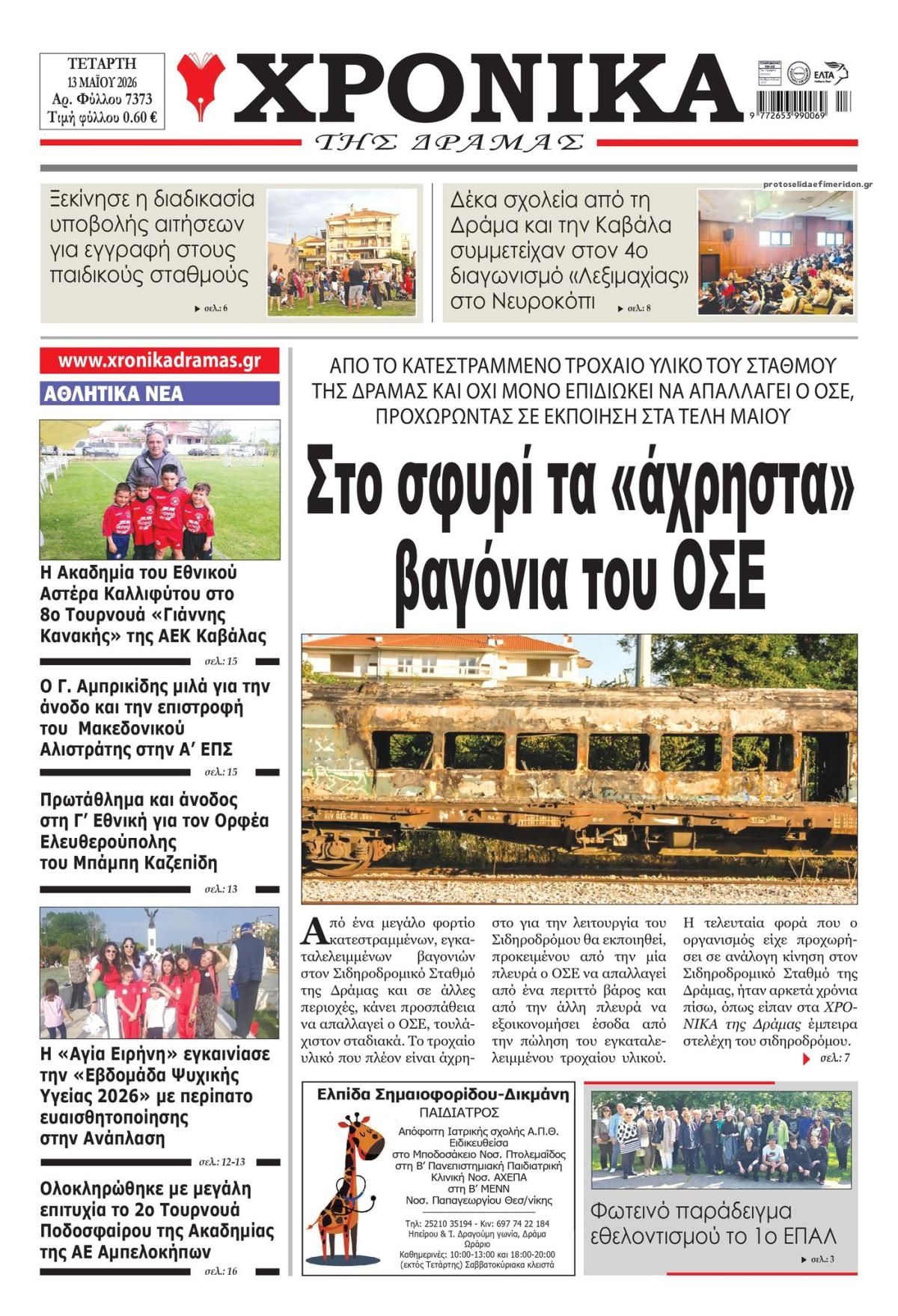 Πρωτοσέλιδο εφημερίδας Χρονικά Δράμας