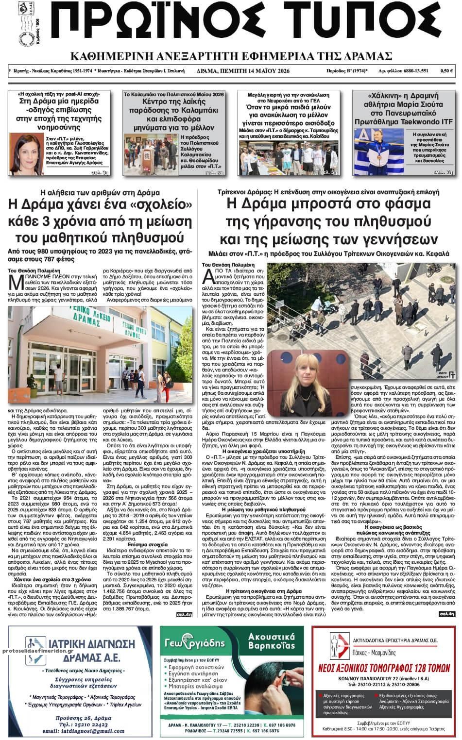 Πρωτοσέλιδο εφημερίδας Πρωινός Τύπος Δρ.