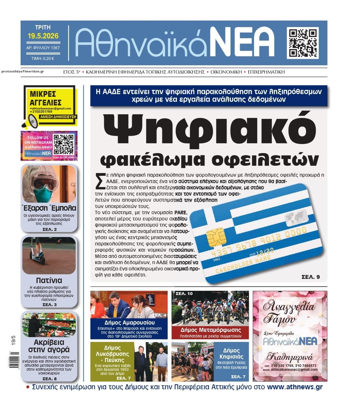 Πρωτοσέλιδο εφημερίδας Αθηναϊκά Νέα