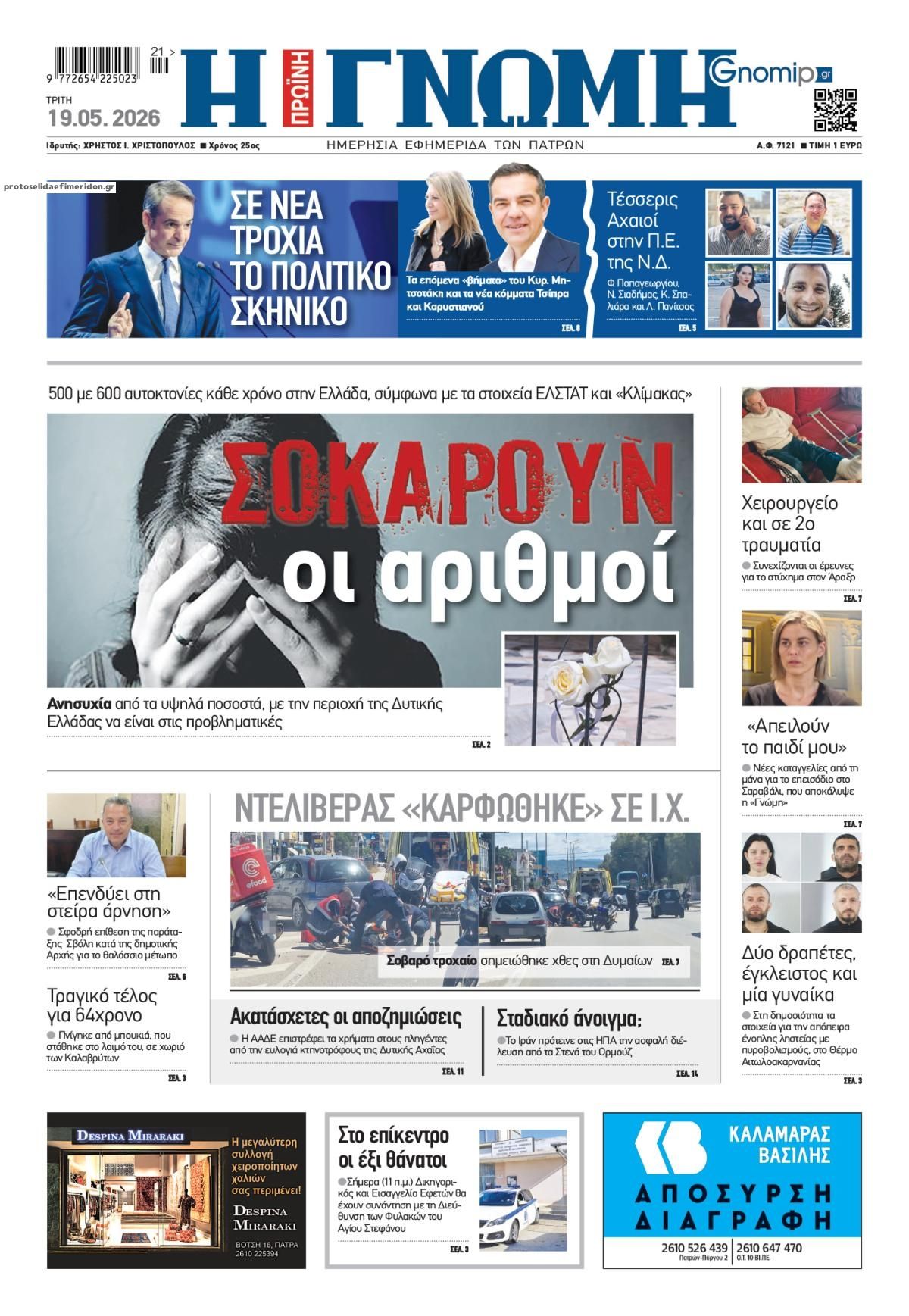Πρωτοσέλιδο εφημερίδας Γνώμη της Πάτρας