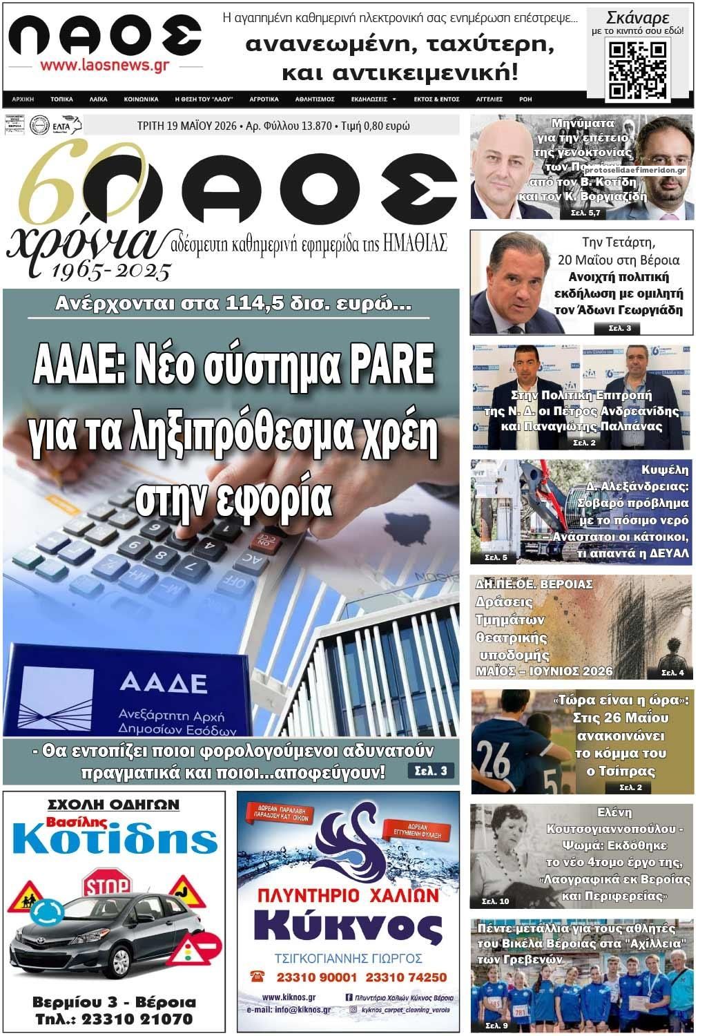 Πρωτοσέλιδο εφημερίδας Λαός Βέροιας