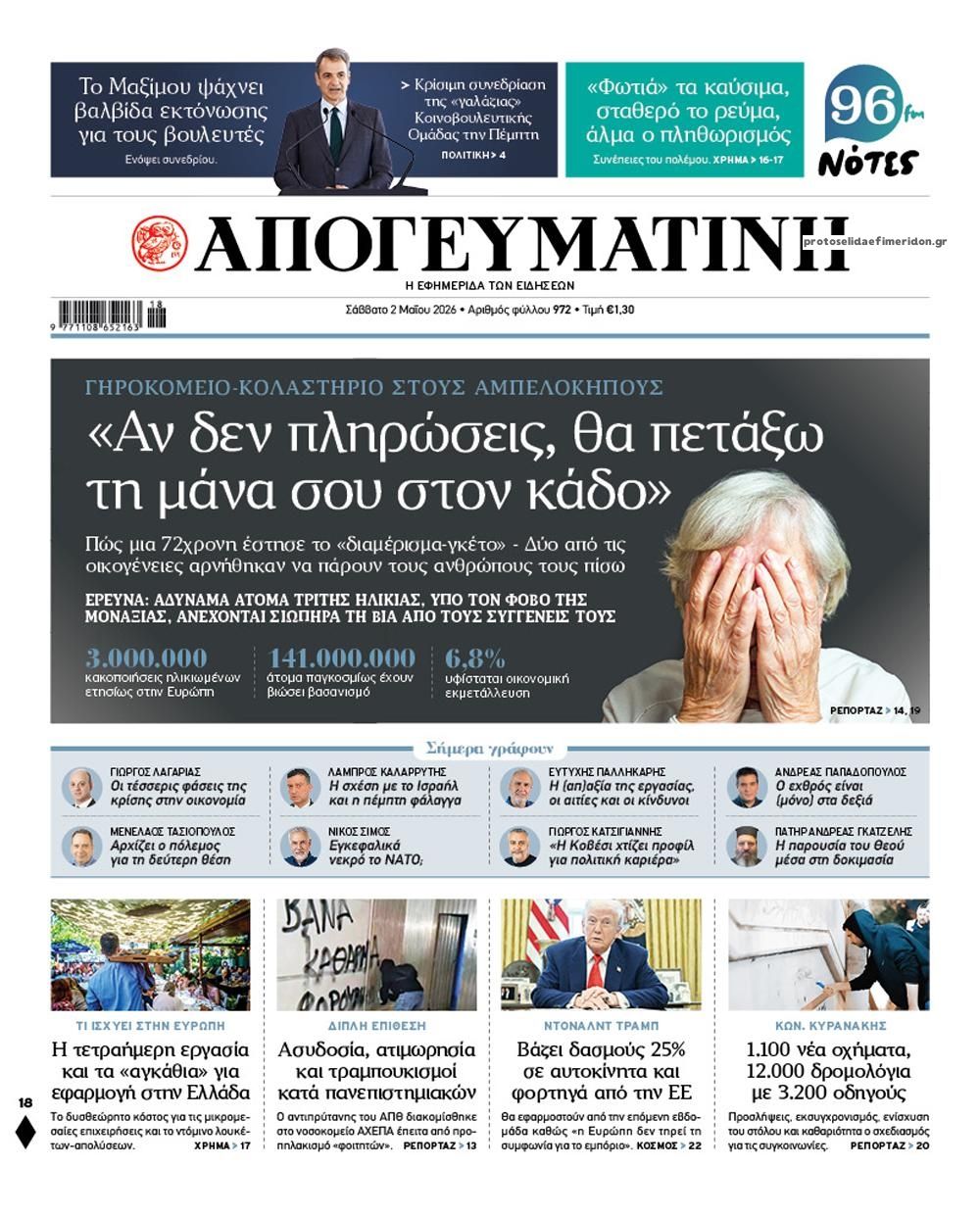 Πρωτοσέλιδο εφημερίδας Απογευματινή