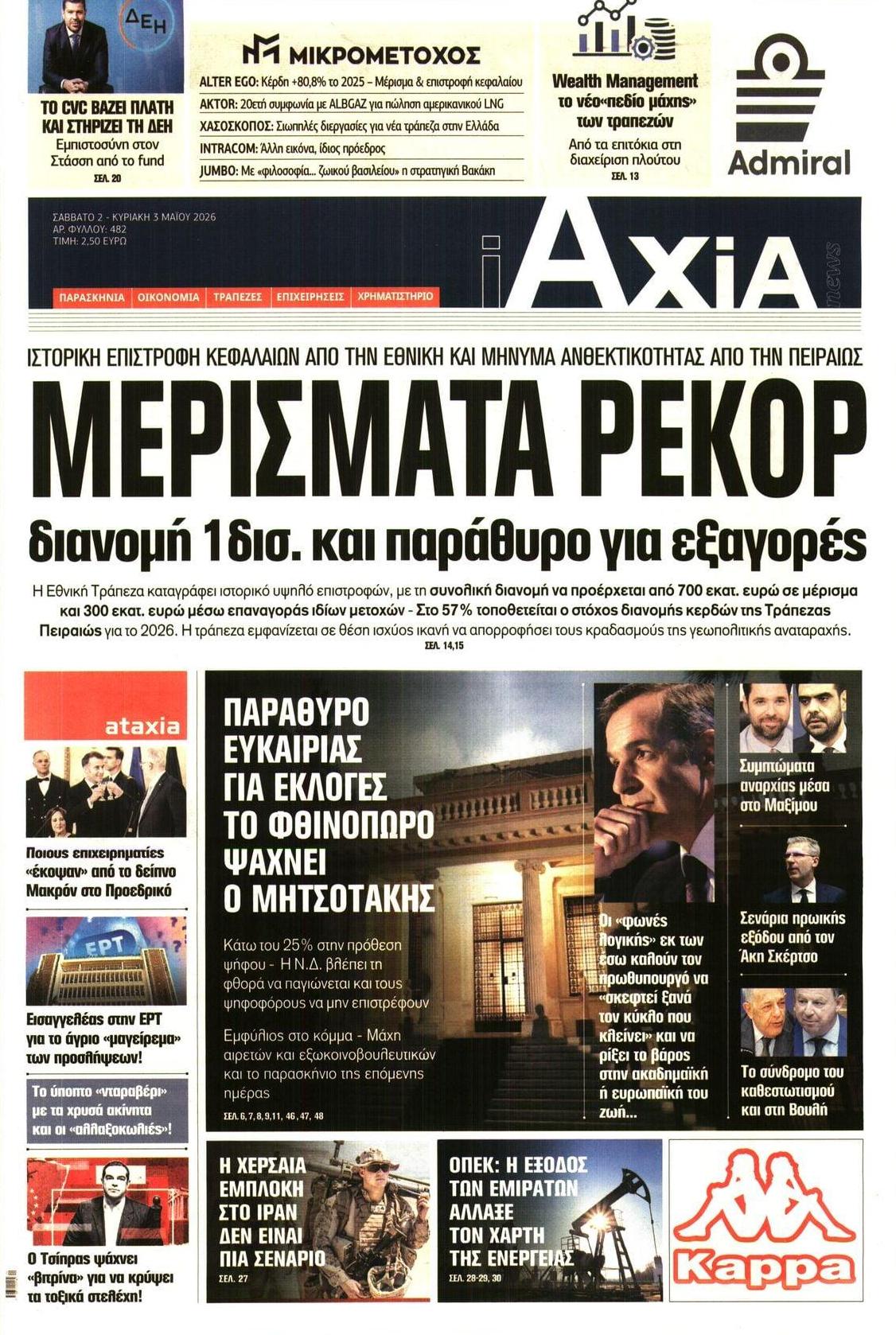 Πρωτοσέλιδο εφημερίδας Αξία News