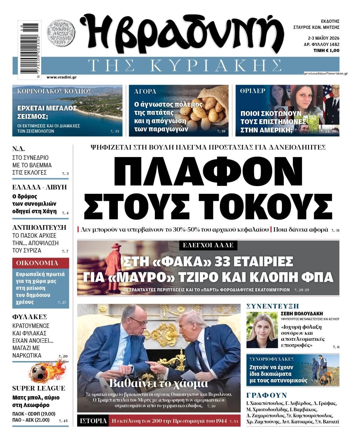 Πρωτοσέλιδο εφημερίδας Βραδυνή Κ.