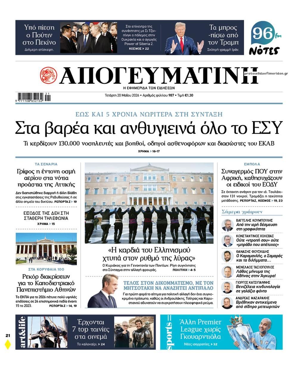 Πρωτοσέλιδο εφημερίδας Απογευματινή