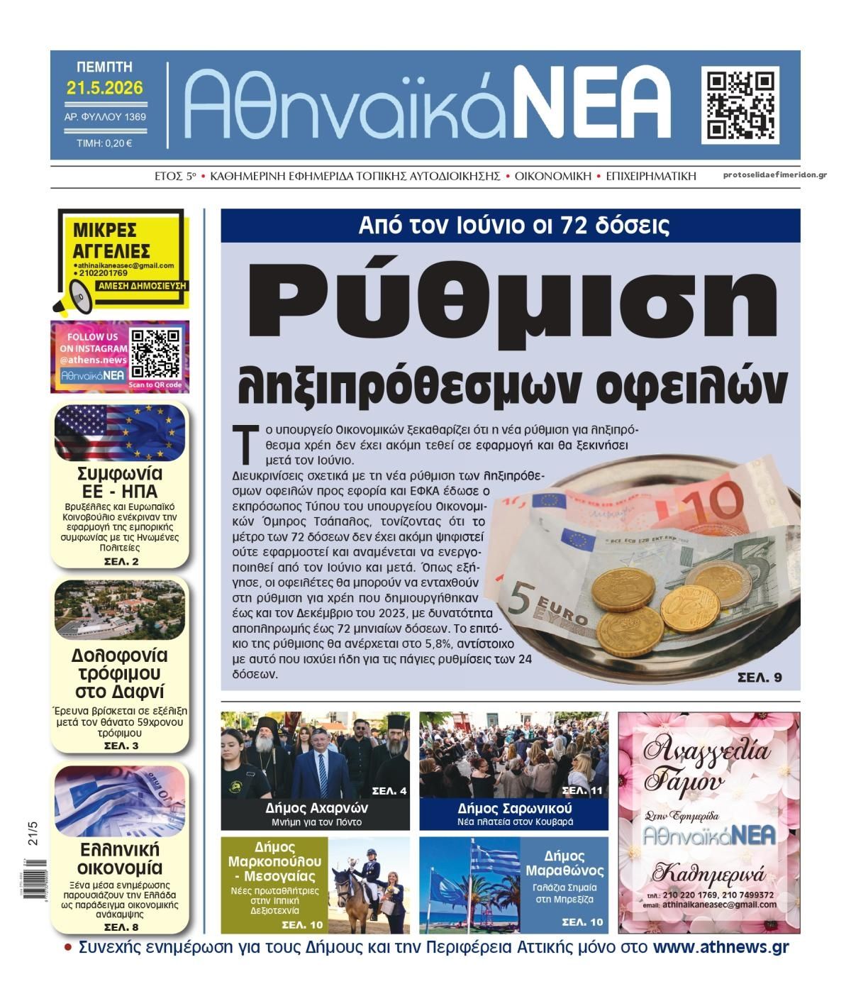 Πρωτοσέλιδο εφημερίδας Αθηναϊκά Νέα