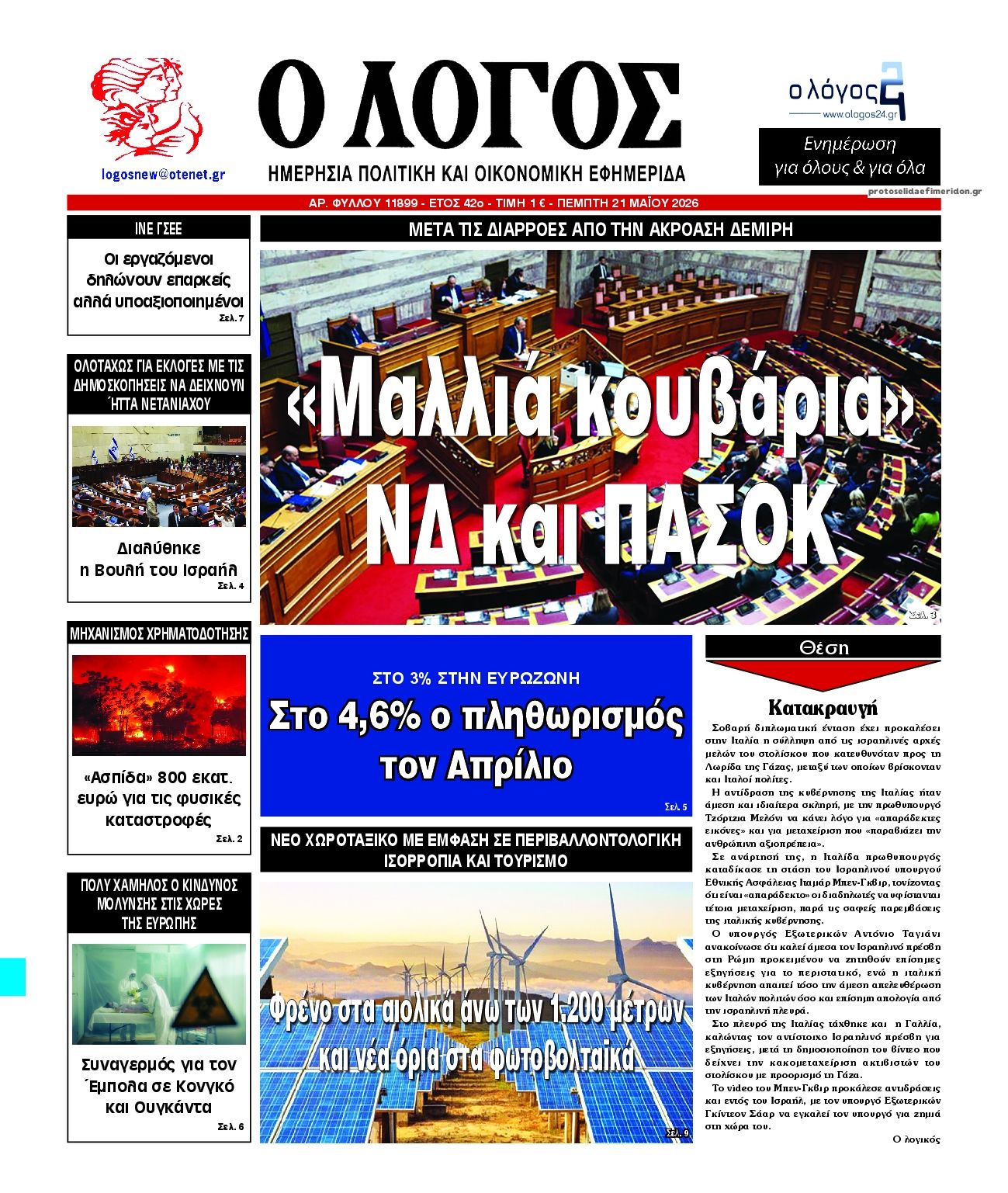 Πρωτοσέλιδο εφημερίδας Λόγος