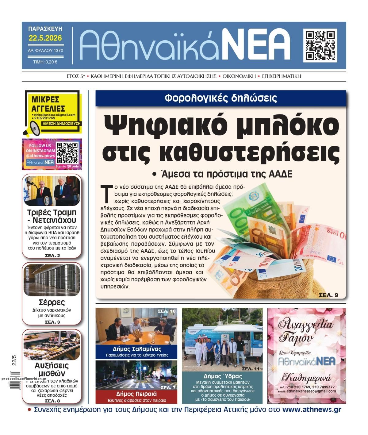 Πρωτοσέλιδο εφημερίδας Αθηναϊκά Νέα