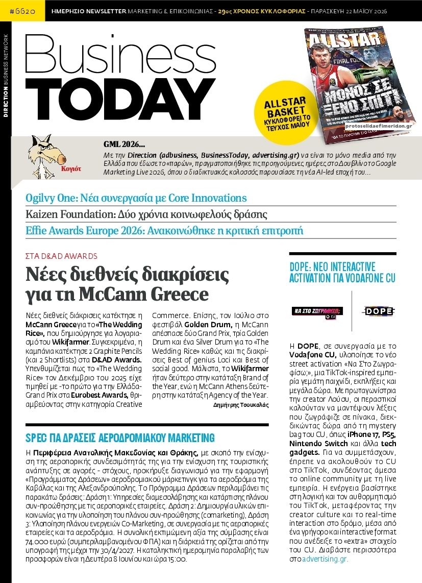 Πρωτοσέλιδο εφημερίδας Business Today