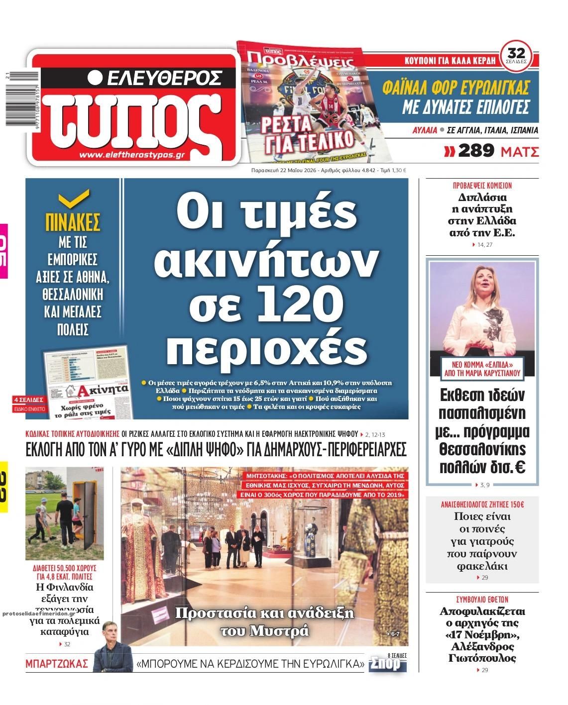 Πρωτοσέλιδο εφημερίδας Ελεύθερος Τύπος