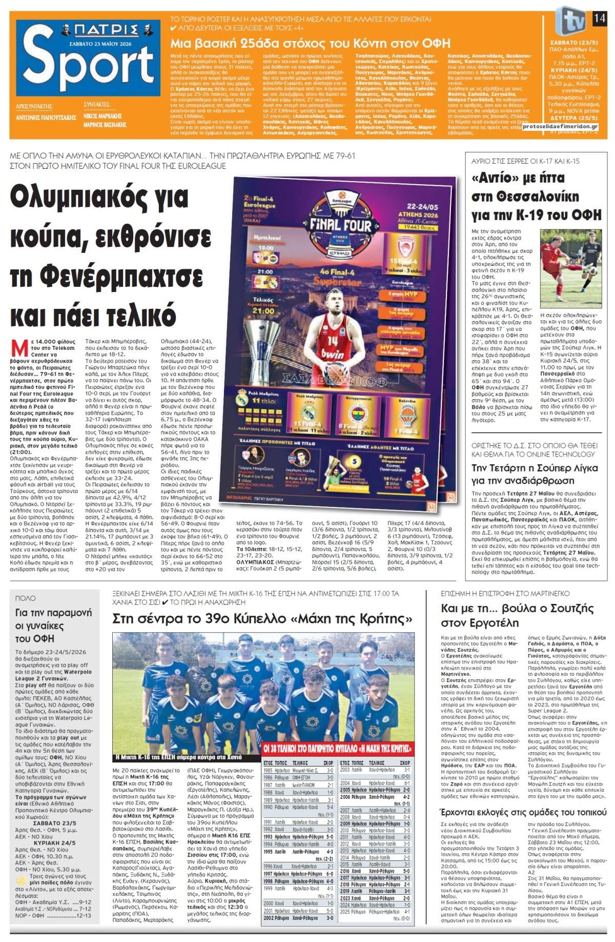 Πρωτοσέλιδο εφημερίδας Πατρίς Σπορ