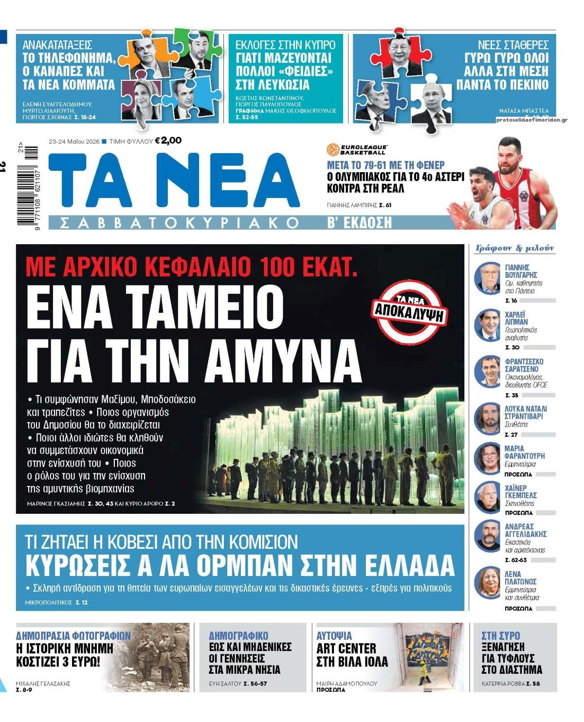 Πρωτοσέλιδο εφημερίδας Τα Νέα