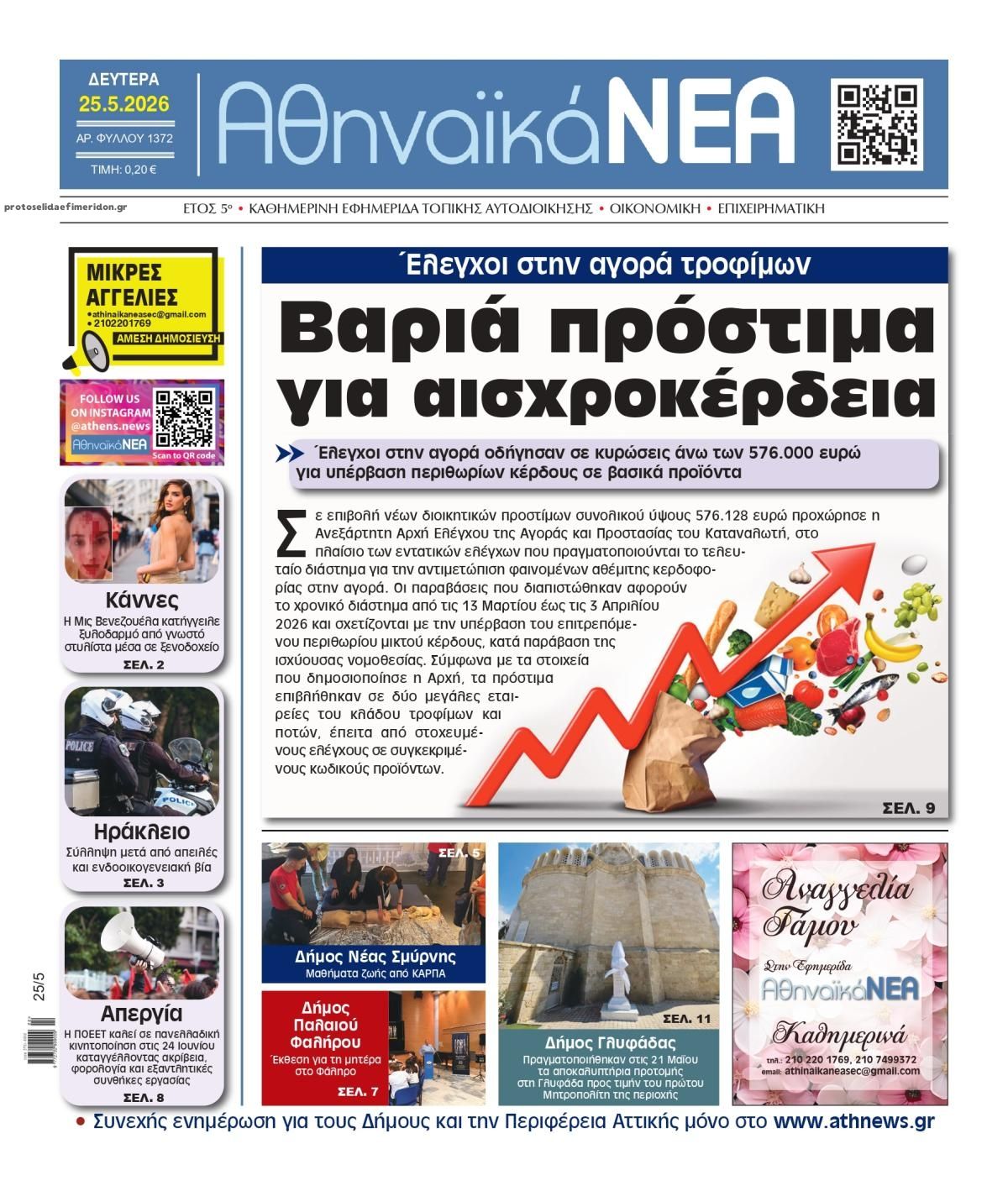 Πρωτοσέλιδο εφημερίδας Αθηναϊκά Νέα