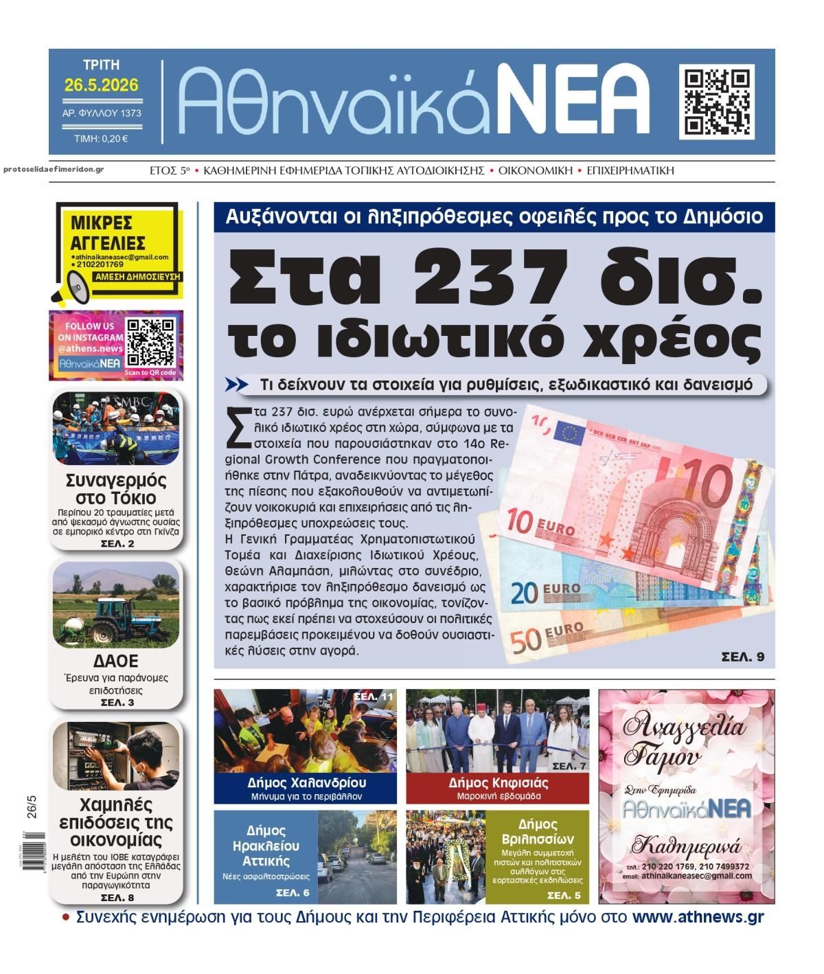 Πρωτοσέλιδο εφημερίδας Αθηναϊκά Νέα