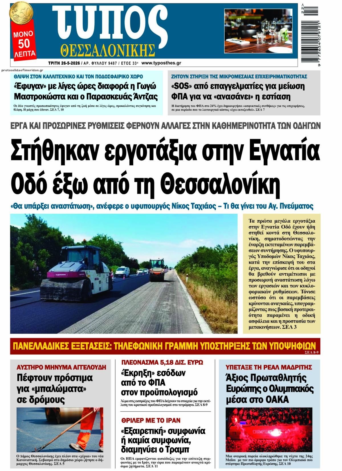 Πρωτοσέλιδο εφημερίδας Τύπος Θεσσαλονίκης