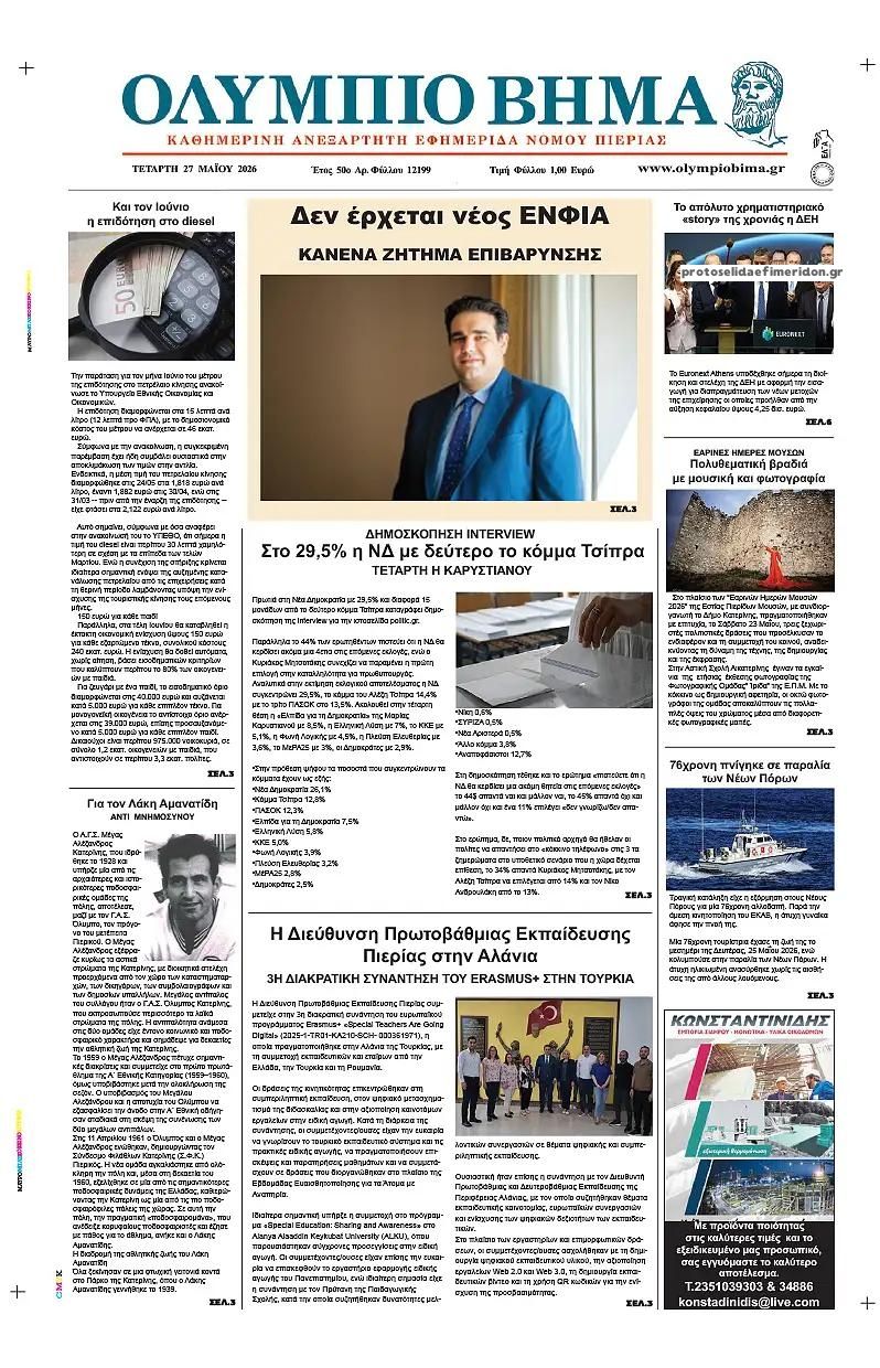 Πρωτοσέλιδο εφημερίδας Ολύμπιο Βήμα