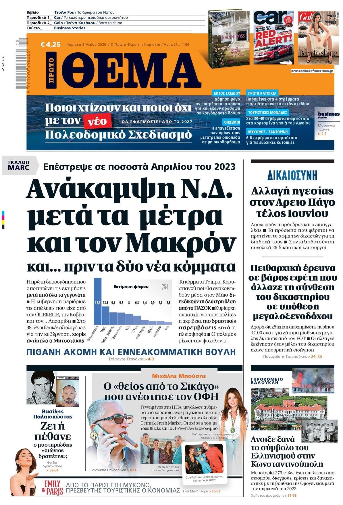 Πρωτοσέλιδο εφημερίδας Πρώτο Θέμα