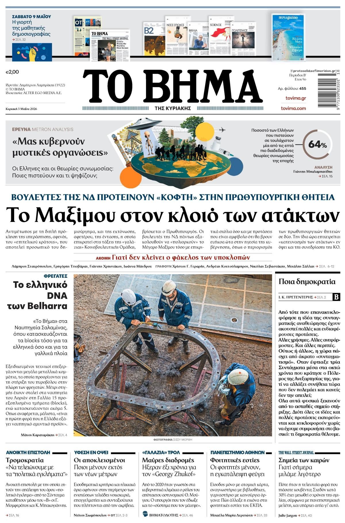 Πρωτοσέλιδο εφημερίδας Το Βήμα της Κυριακής