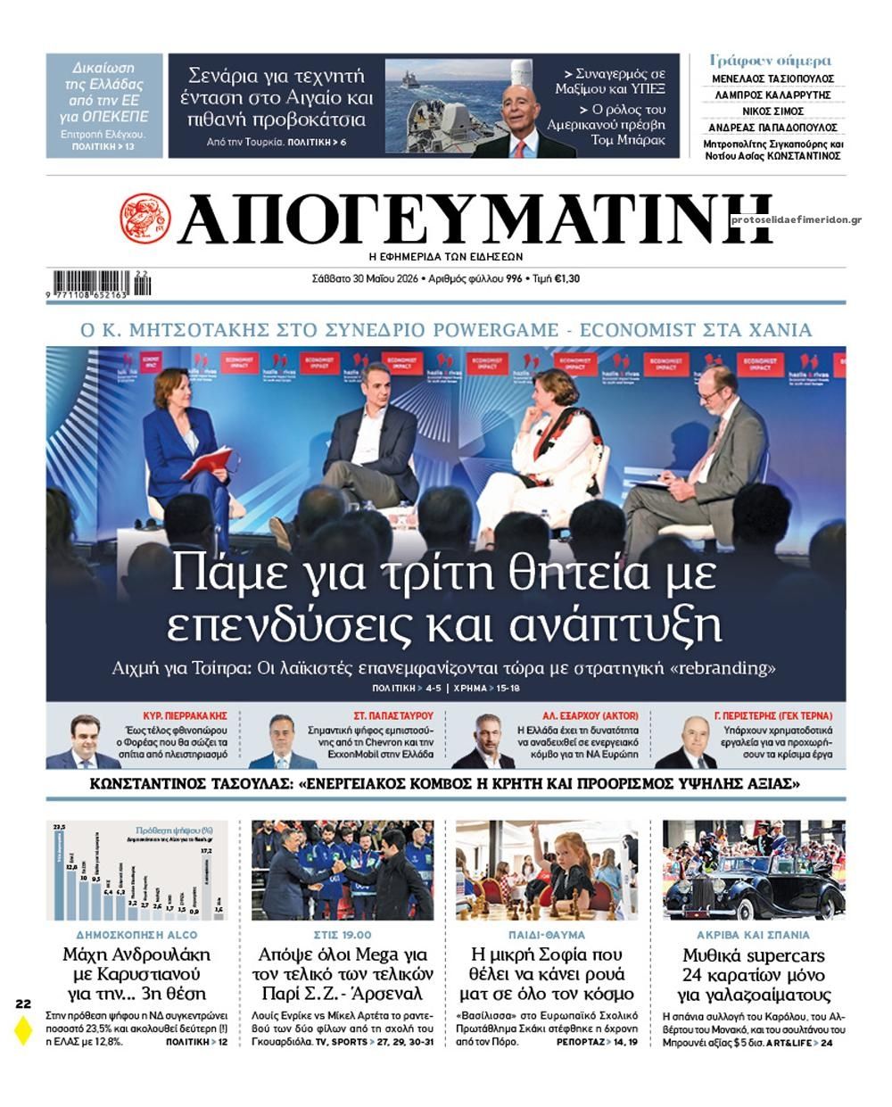 Πρωτοσέλιδο εφημερίδας Απογευματινή
