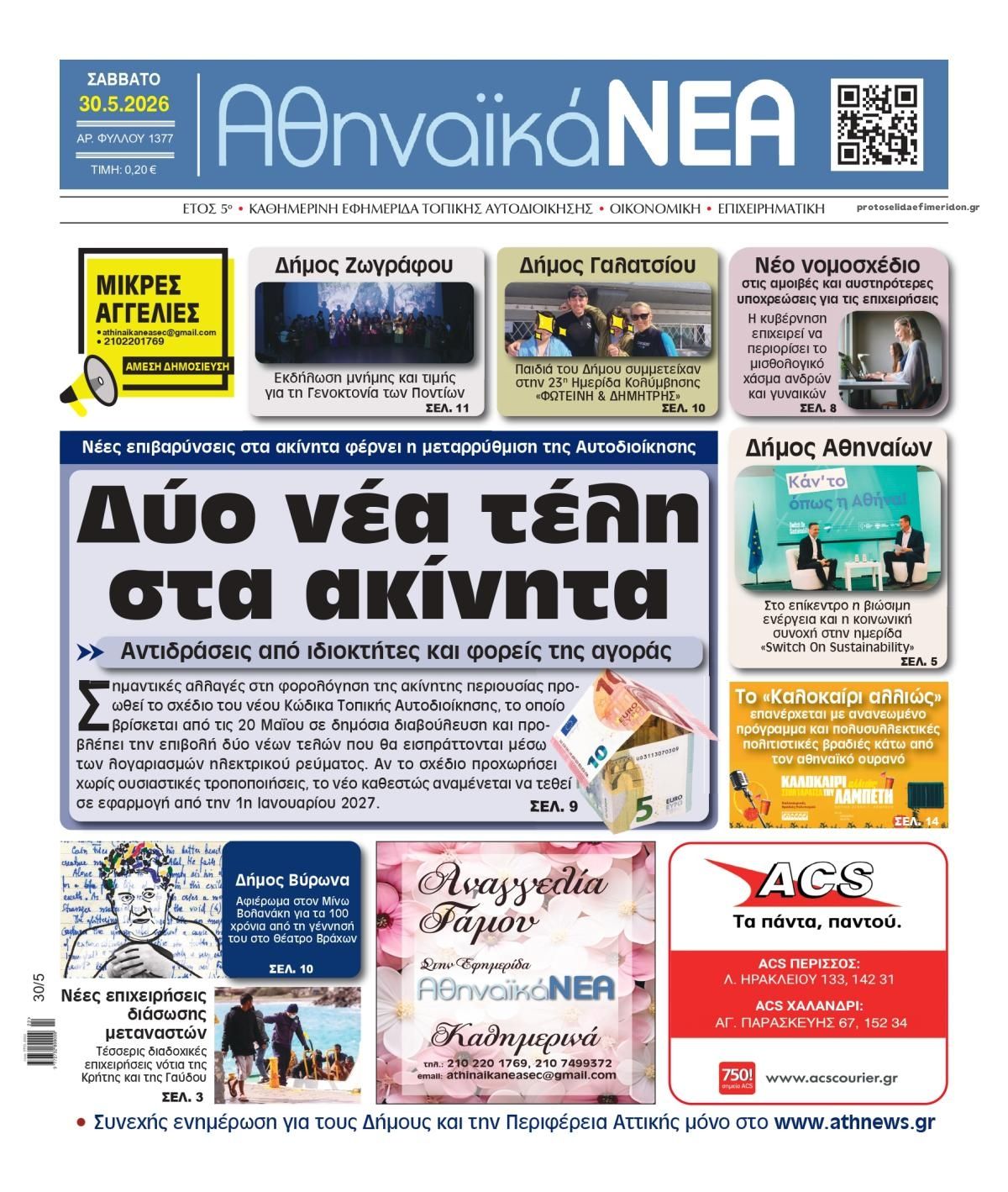 Πρωτοσέλιδο εφημερίδας Αθηναϊκά Νέα