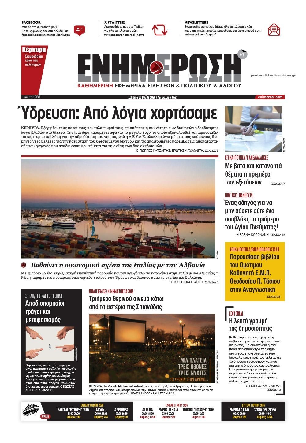 Πρωτοσέλιδο εφημερίδας Ενημέρωση Κέρκυρας