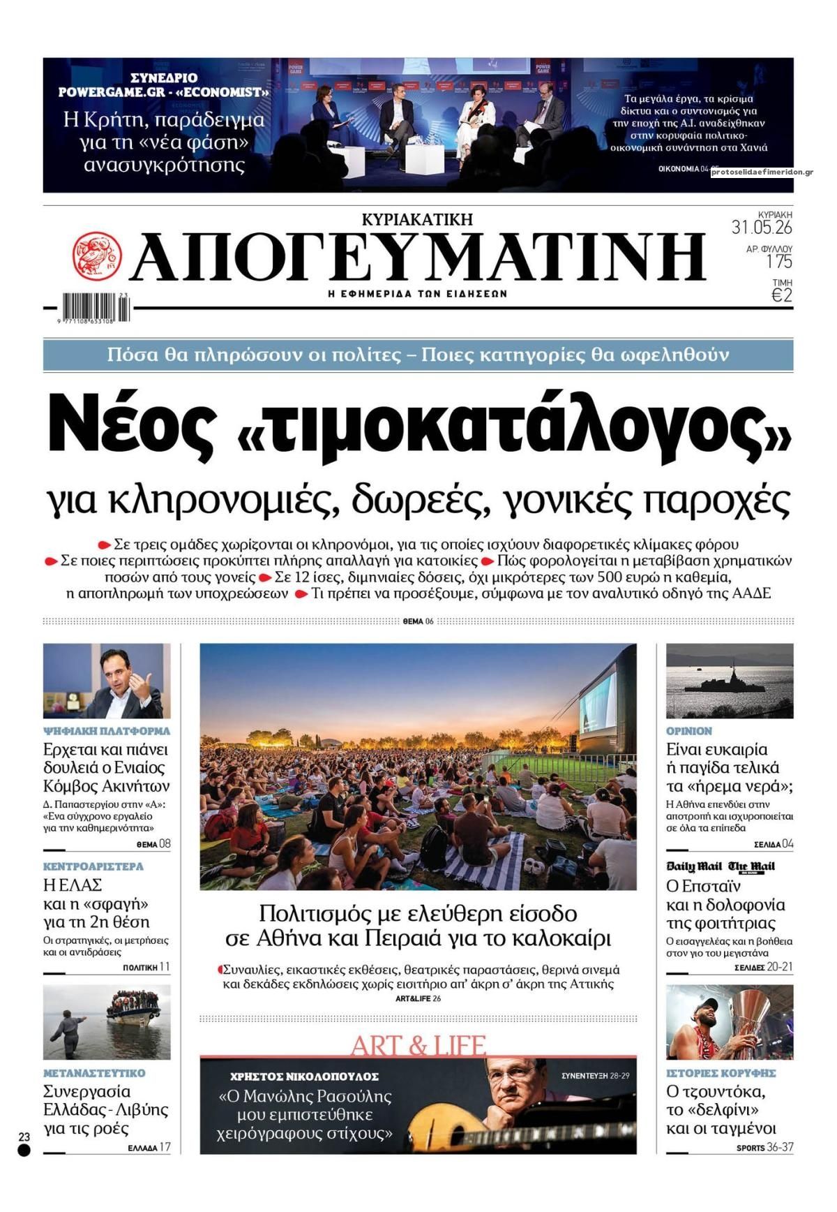 Πρωτοσέλιδο εφημερίδας Απογευματινή