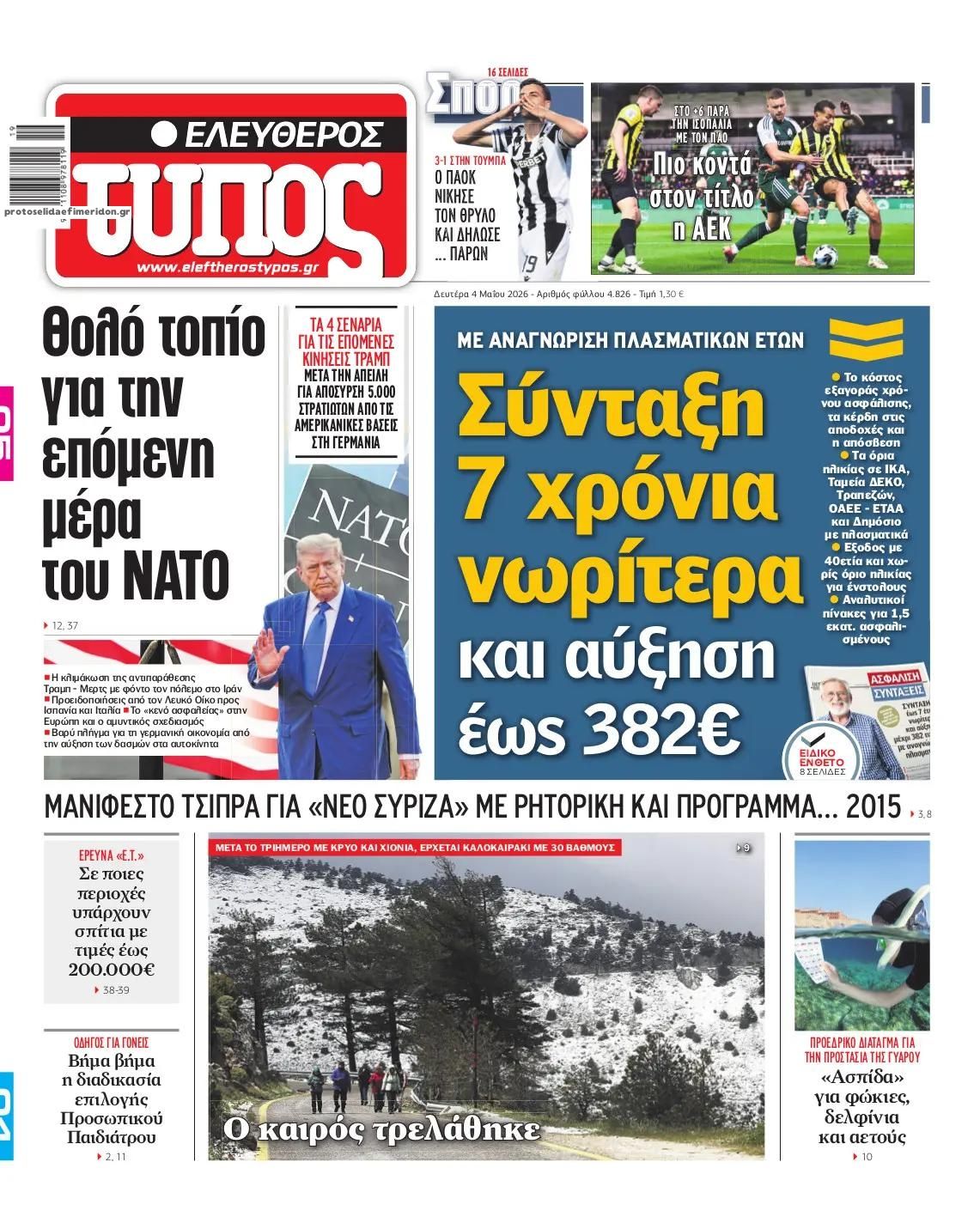 Πρωτοσέλιδο εφημερίδας Ελεύθερος Τύπος