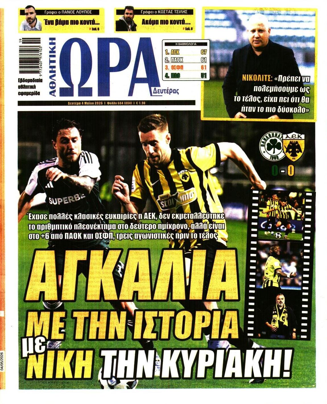 Πρωτοσέλιδο εφημερίδας Η ώρα των Σπορ