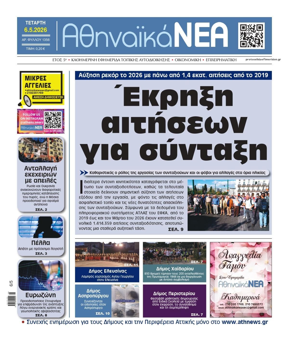 Πρωτοσέλιδο εφημερίδας Αθηναϊκά Νέα