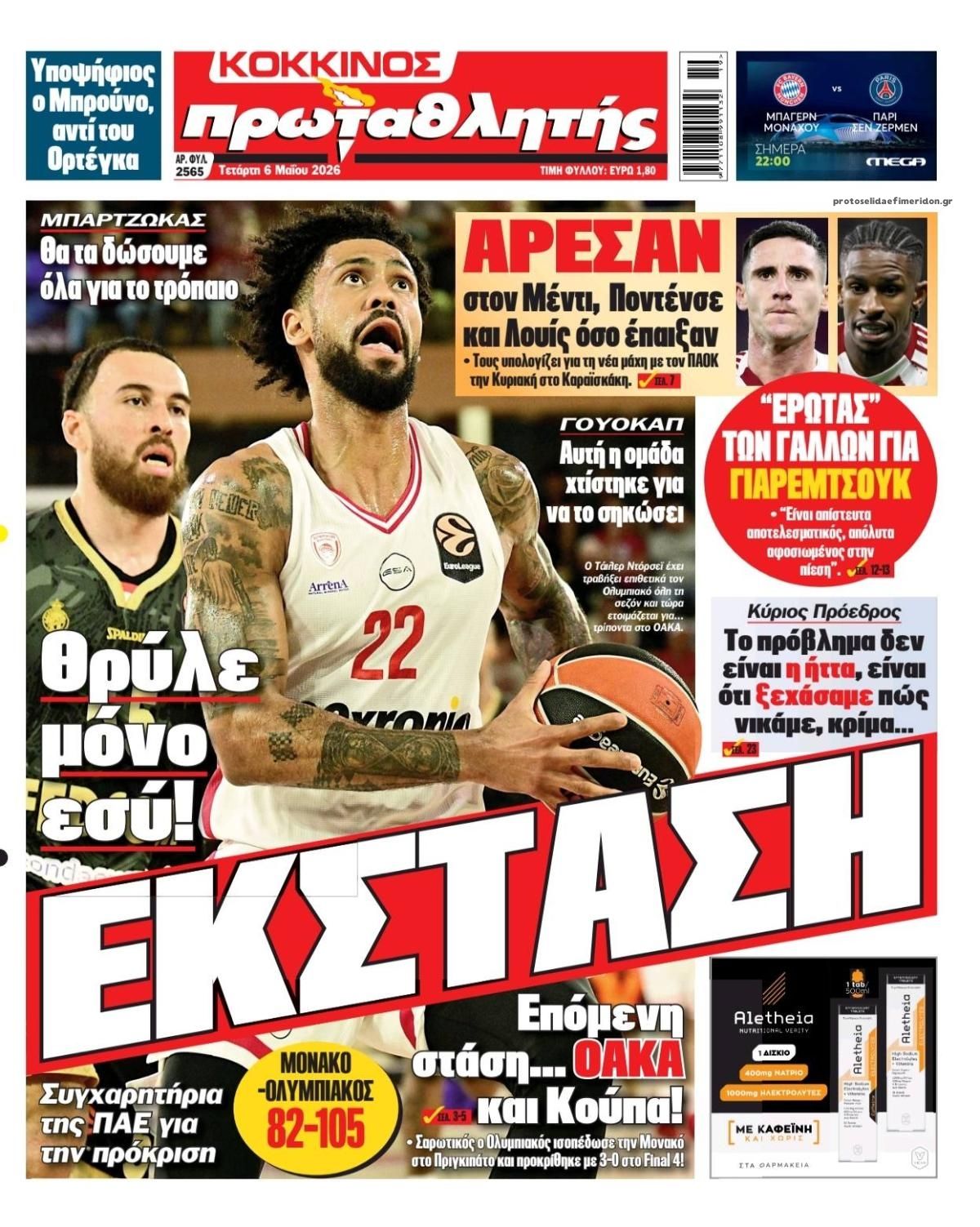 Πρωτοσέλιδο εφημερίδας Κόκκινος Πρωταθλητής