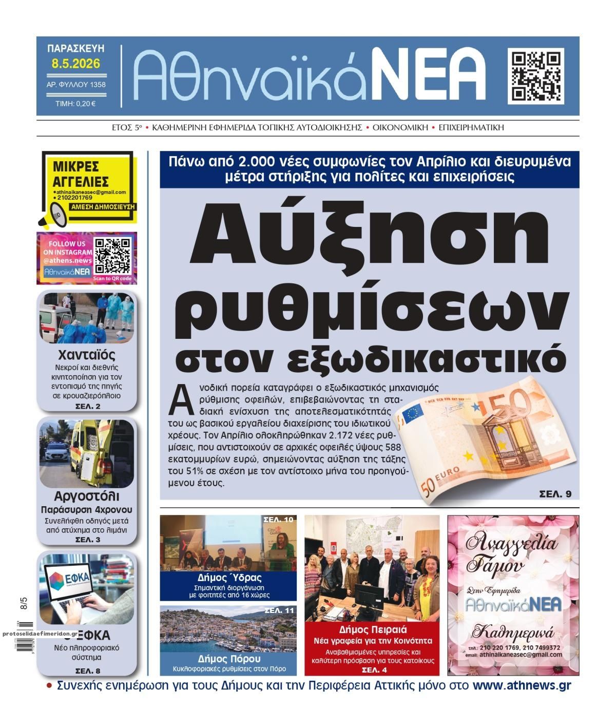 Πρωτοσέλιδο εφημερίδας Αθηναϊκά Νέα