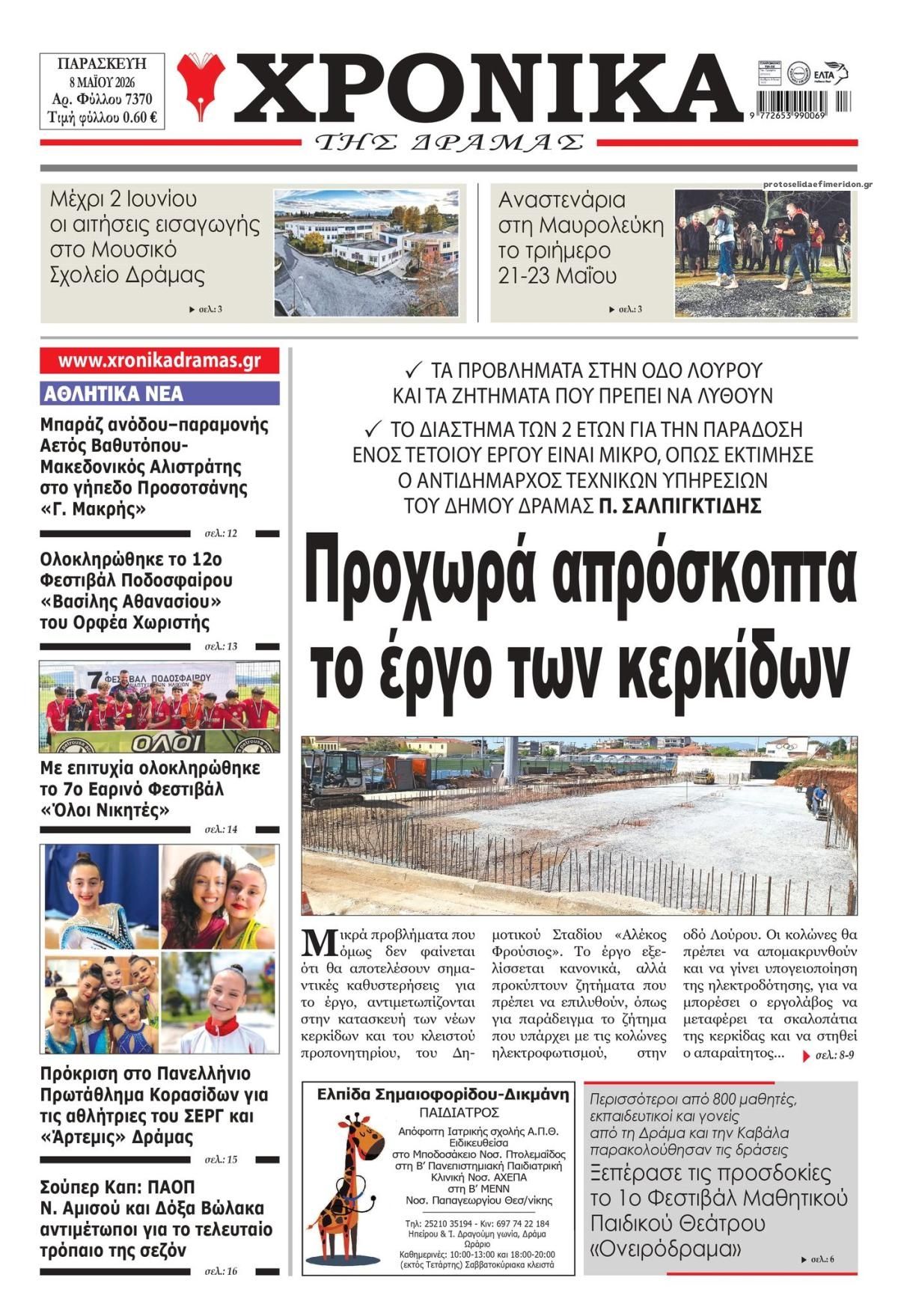 Πρωτοσέλιδο εφημερίδας Χρονικά Δράμας