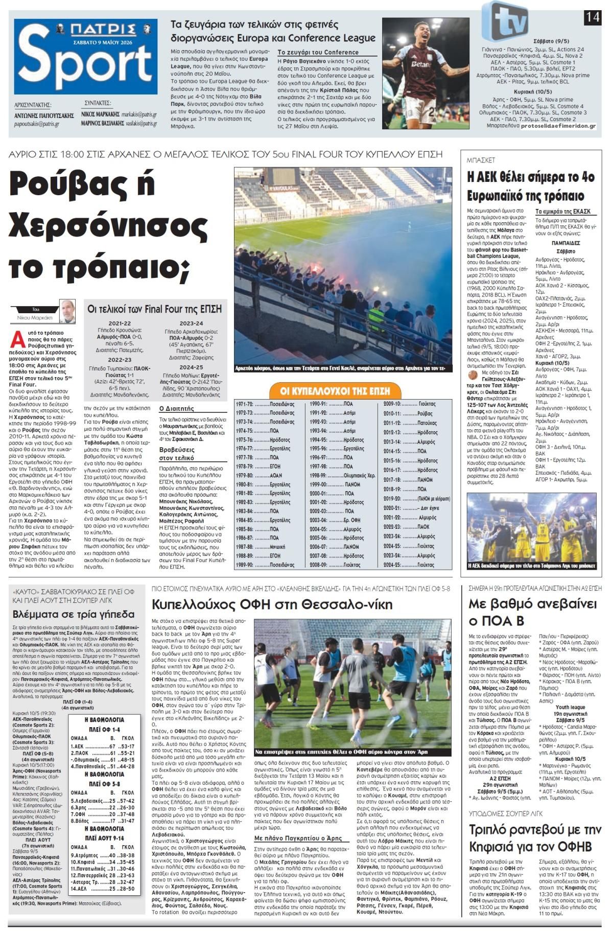 Πρωτοσέλιδο εφημερίδας Πατρίς Σπορ