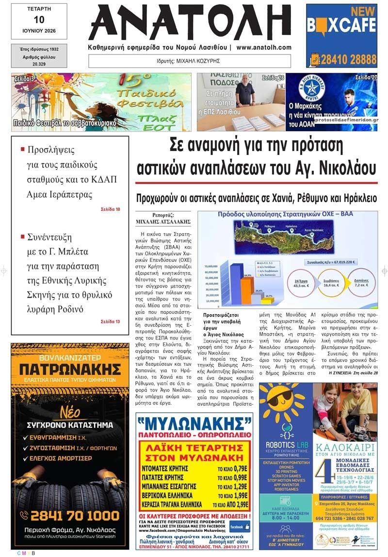 Πρωτοσέλιδο εφημερίδας Ανατολή