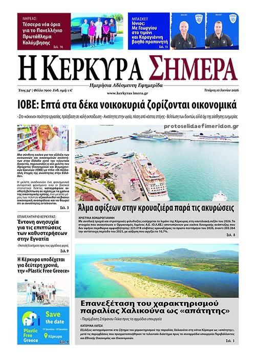 Πρωτοσέλιδο εφημερίδας Η Κέρκυρα Σήμερα