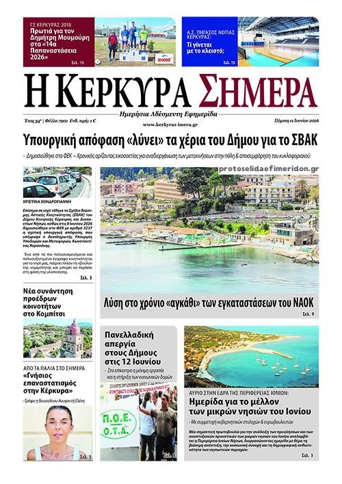 Πρωτοσέλιδο εφημερίδας Η Κέρκυρα Σήμερα