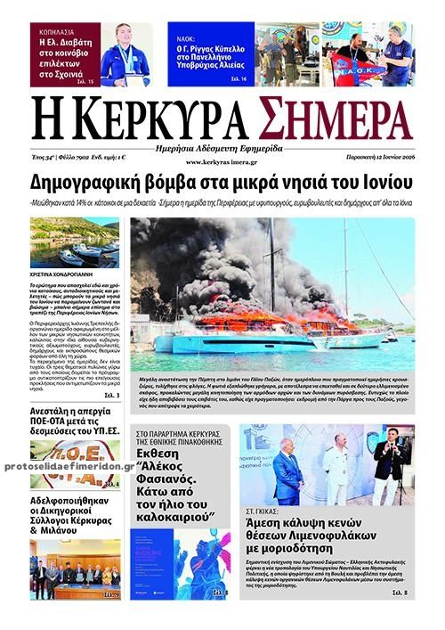Πρωτοσέλιδο εφημερίδας Η Κέρκυρα Σήμερα