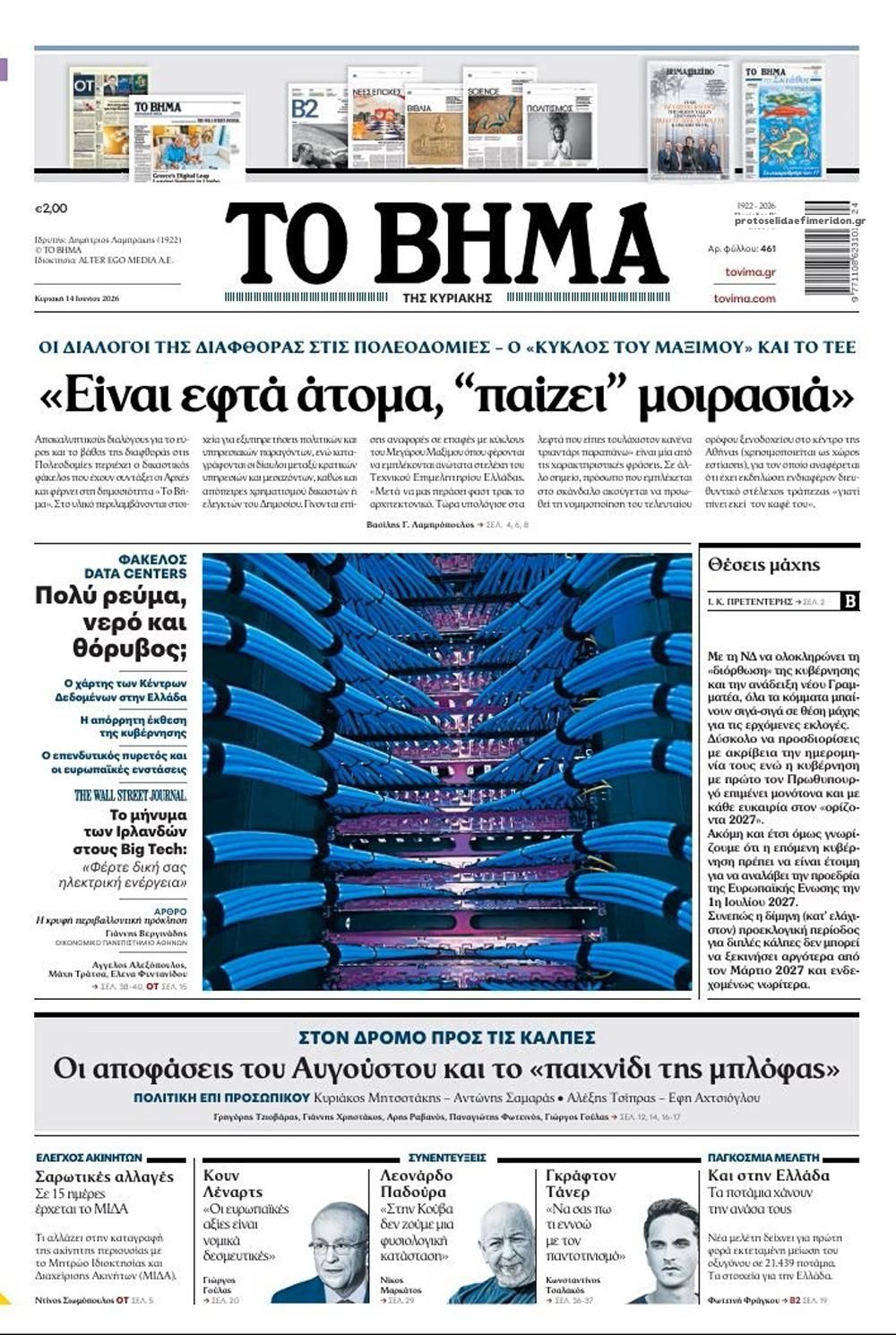 Πρωτοσέλιδο εφημερίδας Το Βήμα της Κυριακής