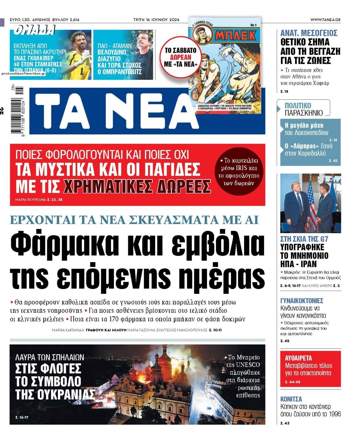 Πρωτοσέλιδο εφημερίδας Τα Νέα