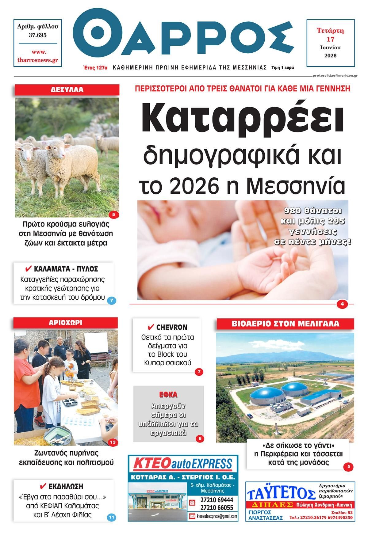 Πρωτοσέλιδο εφημερίδας Θάρρος Μεσσηνίας