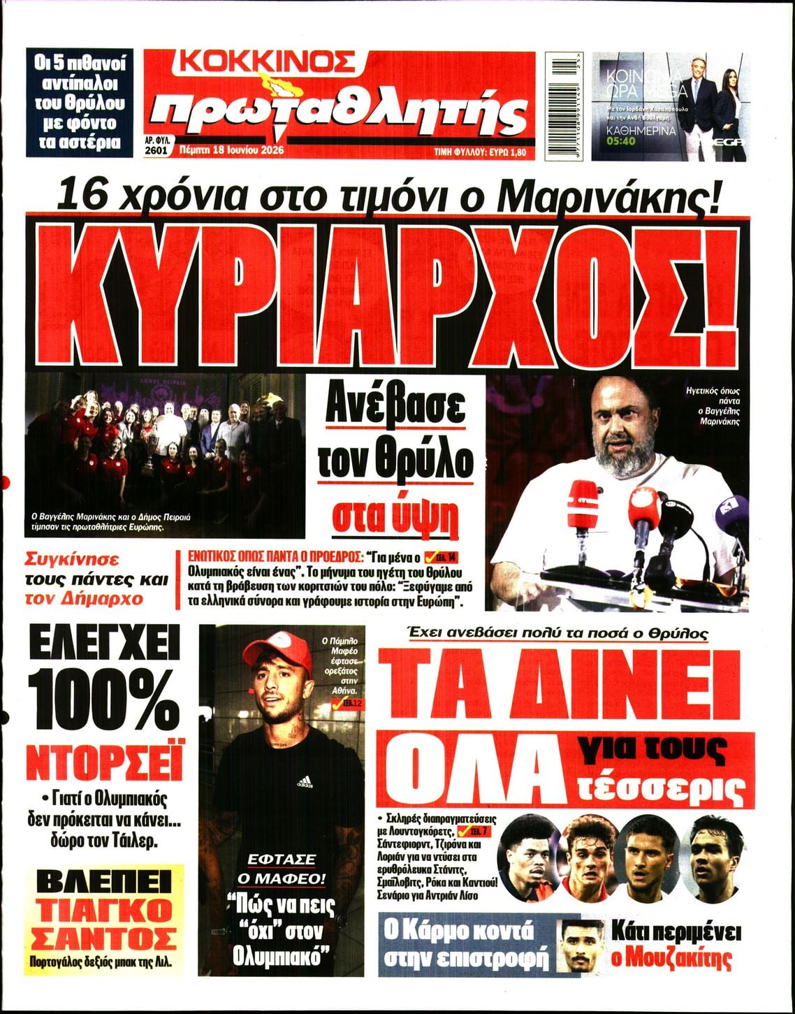 Πρωτοσέλιδο εφημερίδας Κόκκινος Πρωταθλητής
