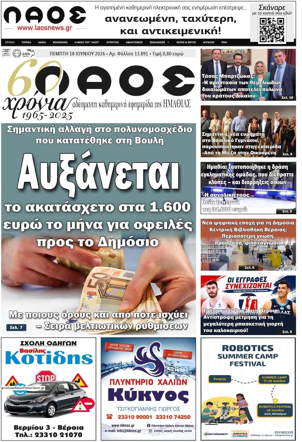 Πρωτοσέλιδο εφημερίδας Λαός Βέροιας
