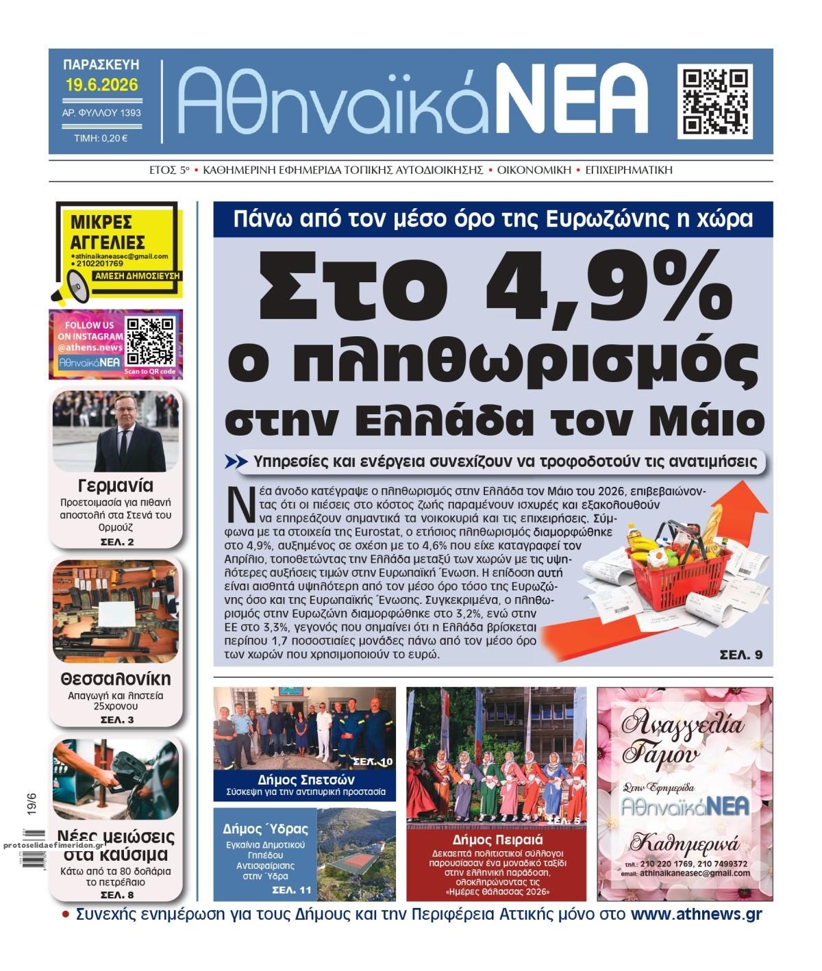 Πρωτοσέλιδο εφημερίδας Αθηναϊκά Νέα